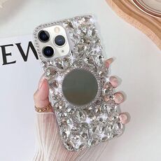 Per iPhone 11 Pro Custodia per telefono per PC con strass bling fatta a mano a specchio (rotonda grigio argento)