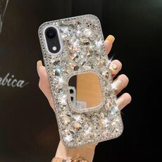 Per iPhone XR Custodia per telefono con strass bling fatta a mano per PC (quadrato grigio argento)