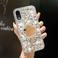 Per iPhone XR Custodia per telefono in PC con strass scintillanti fatti a mano e specchio (fiore grigio argento)