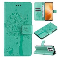 Per Xiaomi 14T Pro Custodia in pelle con motivo in rilievo Tree & Cat (verde)