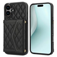 Per iPhone 16 Plus Custodia per telefono con trama rombica e cordino lungo (nero)