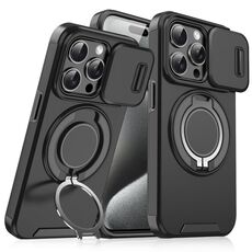 Custodia per telefono con supporto ad anello scorrevole Camshield per iPhone 15 Pro (nero)