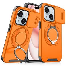 Custodia per telefono con supporto ad anello scorrevole Camshield per iPhone 15 Plus (arancione)