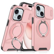 Custodia per telefono con supporto ad anello scorrevole Camshield per iPhone 15 Plus (rosa)