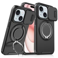 Custodia per telefono con supporto ad anello scorrevole Camshield per iPhone 15 (nero)