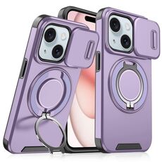 Custodia per telefono con supporto ad anello scorrevole Camshield per iPhone 15 (viola)