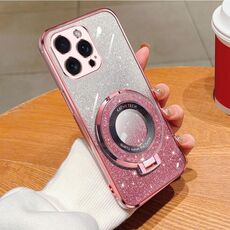 Per iPhone 15 Pro Custodia per telefono in TPU con supporto rotondo glitterato sfumato placcato (rosa)