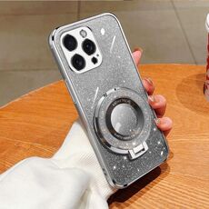 Per iPhone 14 Pro Custodia per telefono in TPU con supporto rotondo glitterato sfumato placcato (argento)