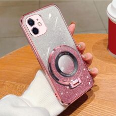Per iPhone 11 Custodia per telefono in TPU con supporto rotondo glitterato sfumato placcato (rosa)