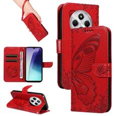 Per Redmi 14C 4G Custodia per telefono in pelle goffrata con farfalla a coda di rondine (rosso)
