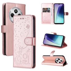 Per Redmi 14C 4G Custodia per telefono in pelle con stampa gatto e ape (oro rosa)