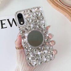 Per iPhone XR Custodia per telefono con strass bling fatta a mano per PC (tonda grigio argento)