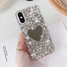 Per iPhone X / XS Custodia per PC con strass bling fatta a mano a specchio (Amore grigio argento)