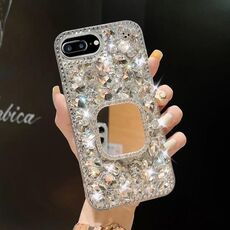 Per iPhone 7 Plus / 8 Plus Custodia per PC con strass bling fatta a mano a specchio (quadrato grigio argento)