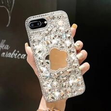 Per iPhone 7 Plus / 8 Plus Custodia per PC con strass bling fatta a mano a specchio (fiore grigio argento)
