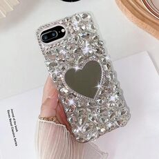 Per iPhone 7 Plus / 8 Plus Custodia per PC con strass bling fatta a mano a specchio (Grigio Argento Amore)