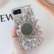 Per iPhone 7 Plus / 8 Plus Custodia per PC con strass bling fatta a mano a specchio (rotonda grigio argento)