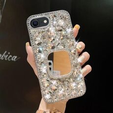 Per iPhone SE 2022/7/8 Custodia per PC con strass bling fatta a mano a specchio (quadrato grigio argento)