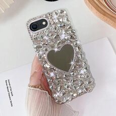 Per iPhone SE 2022/7/8 Custodia per telefono in PC con strass scintillanti fatti a mano a specchio (amore grigio argento)