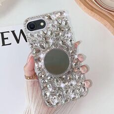 Per iPhone SE 2022/7/8 Custodia per PC con strass bling fatta a mano a specchio (rotonda grigio argento)