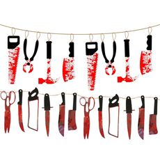 8 pezzi + 12 pezzi Halloween imitazione coltello di sangue ciondolo bandiera decorativa tenda porta casa stregata