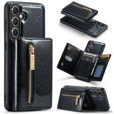 Custodia in pelle per Samsung Galaxy S23 FE 5G DG.MING serie M3 con polvere glitterata (nera)