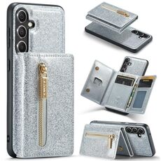 Custodia in pelle per Samsung Galaxy S23 FE 5G DG.MING serie M3 con polvere glitterata (argento)