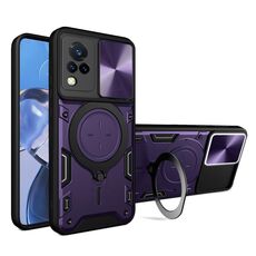 Custodia per telefono con supporto magnetico scorrevole Camshield per vivo V21 CD Texture (viola)