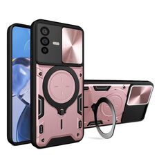 Custodia per telefono con supporto magnetico scorrevole Camshield per vivo V23 5G / S12 5G CD Texture (rosa)