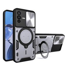 Custodia per telefono con supporto magnetico scorrevole Camshield per vivo V23 5G / S12 5G CD Texture (argento)