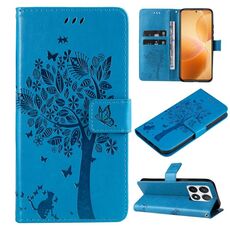 Per Xiaomi 14T Pro Custodia in pelle con motivo in rilievo Tree & Cat (blu)