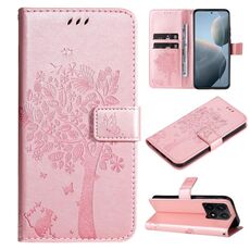 Per Xiaomi 14T Custodia in pelle con motivo in rilievo a forma di albero e gatto (oro rosa)