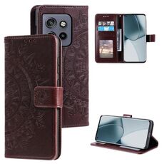 Per Motorola Edge 50 Neo Totem Flower Custodia in pelle goffrata con cordino (marrone)
