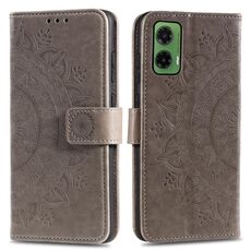 Per Motorola Moto G35 Custodia in pelle goffrata con motivo a fiori Totem con cordino (grigio)