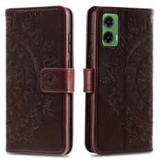 Per Motorola Moto G35 Custodia in pelle goffrata con motivo a fiori Totem con cordino (marrone)