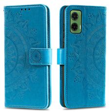 Per Motorola Moto G35 Custodia in pelle con motivo a fiori Totem e cordino (blu)