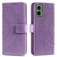 Per Motorola Moto G35 Custodia in pelle goffrata con motivo a fiori Totem con cordino (viola)
