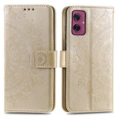 Per Motorola Moto G55 Custodia in pelle goffrata con motivo a fiori Totem con cordino (oro)