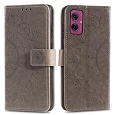 Per Motorola Moto G55 Custodia in pelle goffrata con motivo a fiori Totem con cordino (grigio)