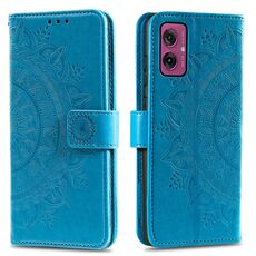 Per Motorola Moto G55 Custodia in pelle con motivo Totem Flower e cordino (blu)