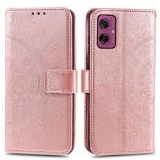 Per Motorola Moto G55 Custodia in pelle goffrata con motivo a fiori Totem con cordino (oro rosa)