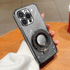 Per iPhone 16 Pro Max Custodia per telefono in TPU con supporto rotondo glitterato sfumato placcato (nero)