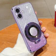 Per iPhone 16 Custodia per telefono in TPU con supporto rotondo glitterato sfumato placcato (viola)
