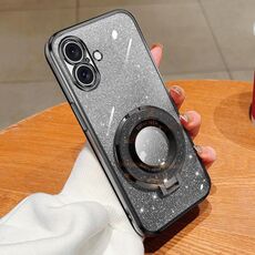 Per iPhone 16 Custodia per telefono in TPU con supporto rotondo glitterato sfumato placcato (nero)