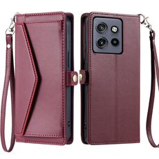 Per Motorola Edge 50 Neo Wallet Custodia per telefono in pelle con slot multi-carta e cordino (rosso vino)