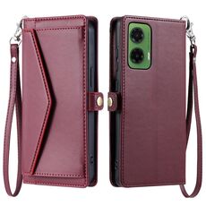 Per Motorola Moto G35 Portafoglio Multi-Slot per Scheda Custodia in Pelle per Telefono con Laccetto (Rosso Vino)