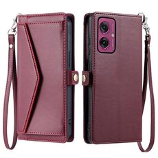 Per Motorola Moto G55 Portafoglio Multi-Slot per Scheda Custodia in Pelle per Telefono con Laccetto (Rosso Vino)