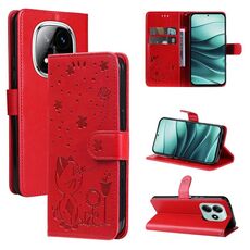 Per Redmi Note 14 5G Custodia in pelle con motivo a gatto e ape in rilievo (rosso)