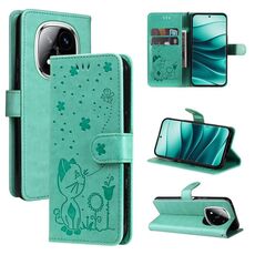 Per Redmi Note 14 Pro / 14 Pro+ 5G Custodia in pelle con stampa a forma di gatto e ape (verde)