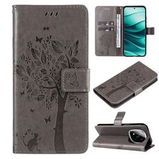 Per Redmi Note 14 Pro / 14 Pro+ 5G Custodia in pelle con motivo in rilievo albero e gatto (grigio)